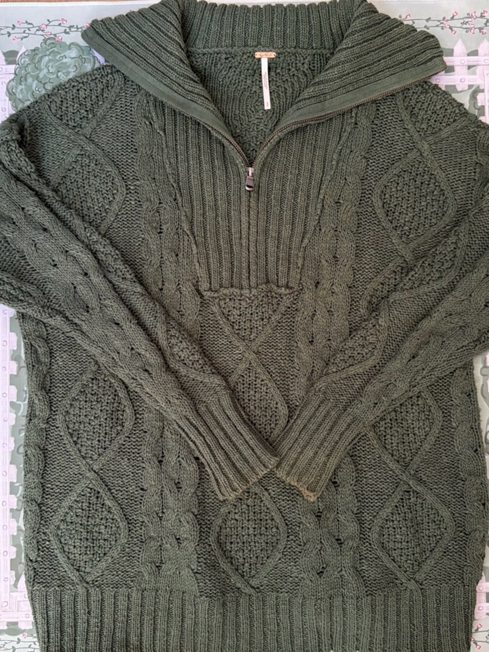 Free People green cable knit quarter zip cotton blend sweater